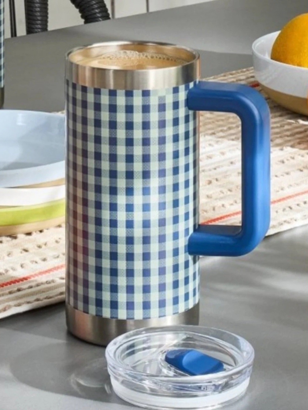 Hearth & Hand Insulated Blue Gingham Travel Mug with Handle 20 Oz.